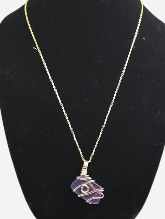 Hand Crafted Jewelry - Purple glass wire wrapped necklace Gold-toned chain